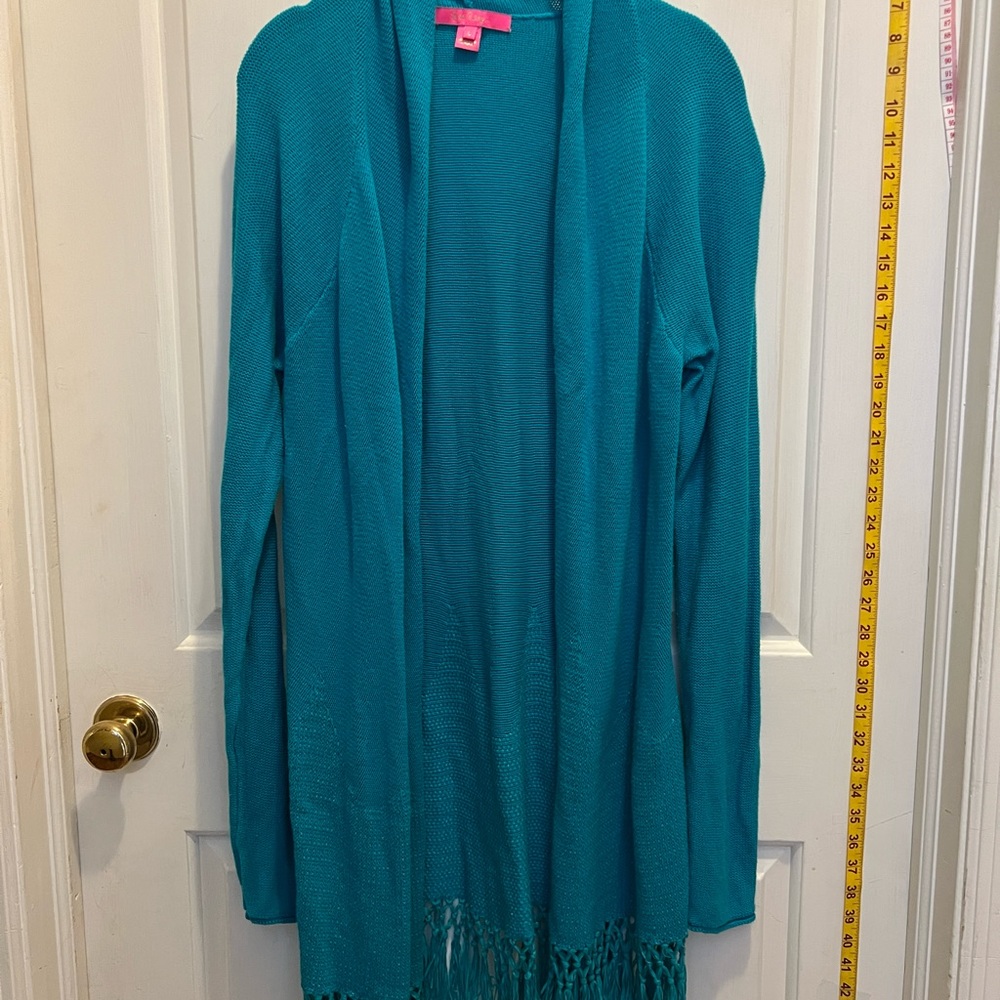 EUC Lilly Pulitzer fringe teal cardigan.